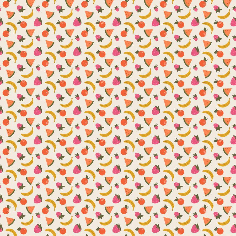 Pattern of colorful fruits on a beige background. LA FInch Fabrics quilting cottons