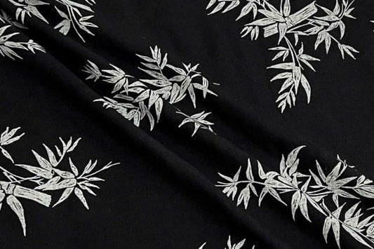 End of Bolt: 1/2 yard of Fashion Black Bamboo Leaves 100% Linen Woven-Remnant