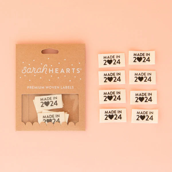 Notions: Sarah Hearts Organic Cotton Woven Labels "MADE IN 2024"- 1 Pack