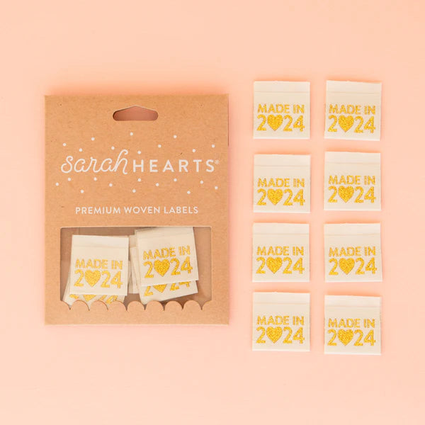 Notions: Sarah Hearts Metallic Gold Woven Labels "MADE IN 2024"- 1 Pack