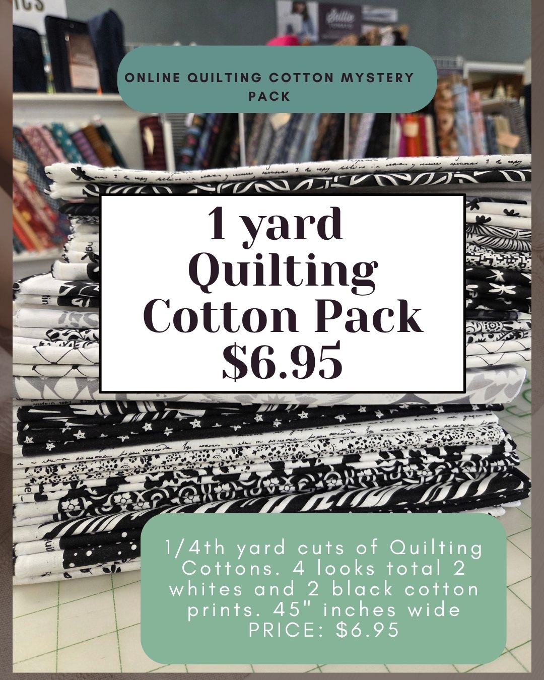 Quilting Cotton Online Mystery October Pack: 1 yard of Black and White Cotton Prints- Assorted ( 1/4th yard cuts)