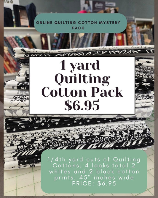 Quilting Cotton Online Mystery October Pack: 1 yard of Black and White Cotton Prints- Assorted ( 1/4th yard cuts)