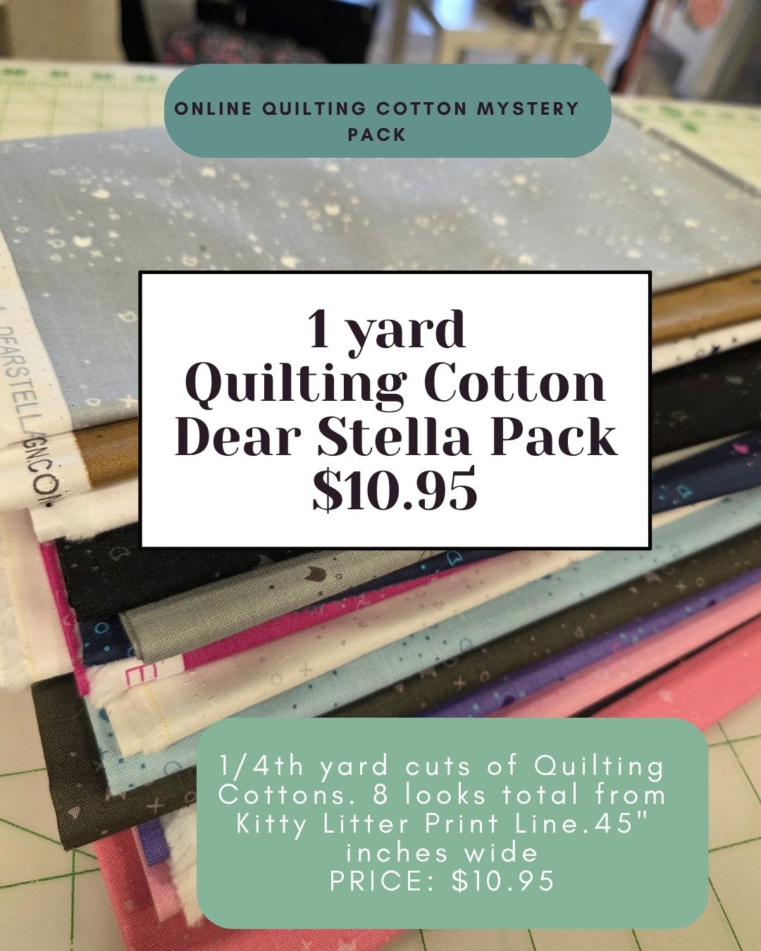 Quilting Cotton Online Mystery October Pack: 1 yard of Dear Stella Kitty Litter Cotton Prints- Assorted ( 1/4th yard cuts)