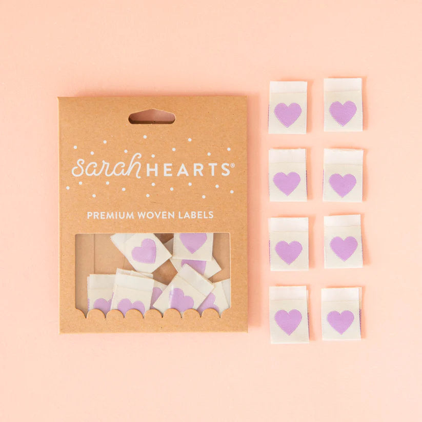 Notions: Sarah Hearts Purple Heart Woven Labels - 1 Pack