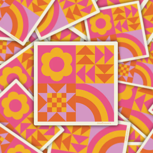 Sticker Sarah Hearts Colorful Quiltblock Sticker- 1  Vinyl Sticker ( 3"x3")