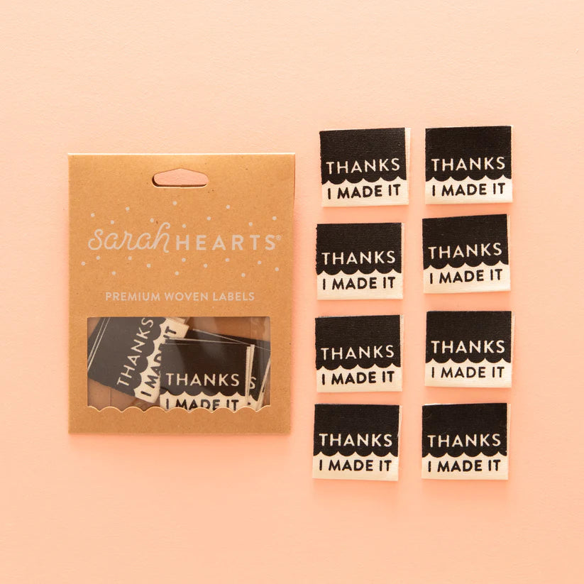 Notions: Sarah Hearts Organic Cotton Woven Labels "THANKS I MADE IT"- 1 Pack