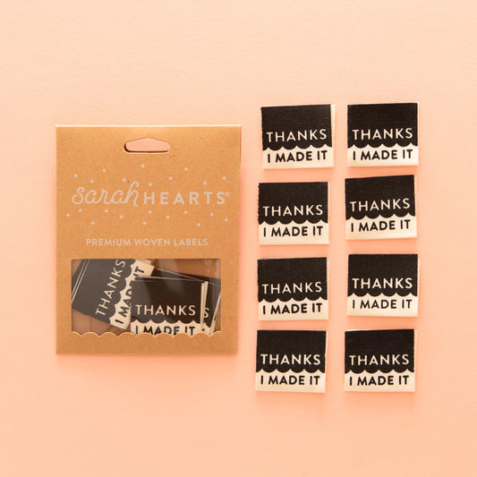 Notions: Sarah Hearts Organic Cotton Woven Labels "THANKS I MADE IT"- 1 Pack