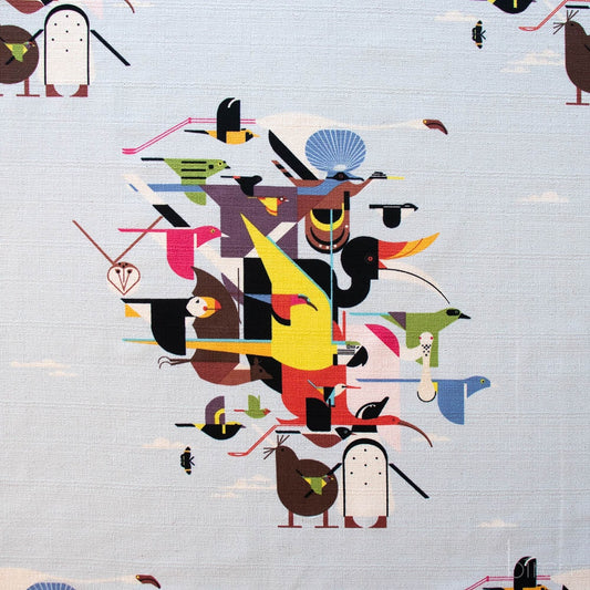 Abstract pattern of stylized animals on a light blue background. Charley Harper Fabric