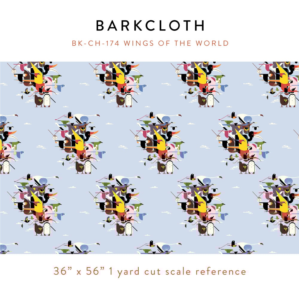 Barkcloth with colorful bird pattern on a blue background, featuring the brand 'Barkcloth'.