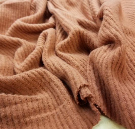 End of BOlt: 2.5 yards of  Designer Deadstock Brushed Rib Knit Orange Brown Sweater Knit- Remnant