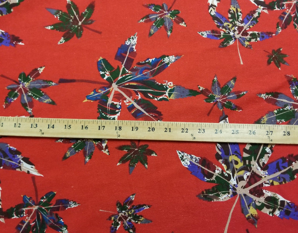 End of BOlt: 3.5 yards of Designer Deadstock Cannabis Sativa Leaves on a Red Cotton Linen Woven- Remnant