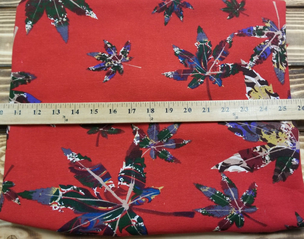 End of BOlt: 3.5 yards of Designer Deadstock Cannabis Sativa Leaves on a Red Cotton Linen Woven- Remnant