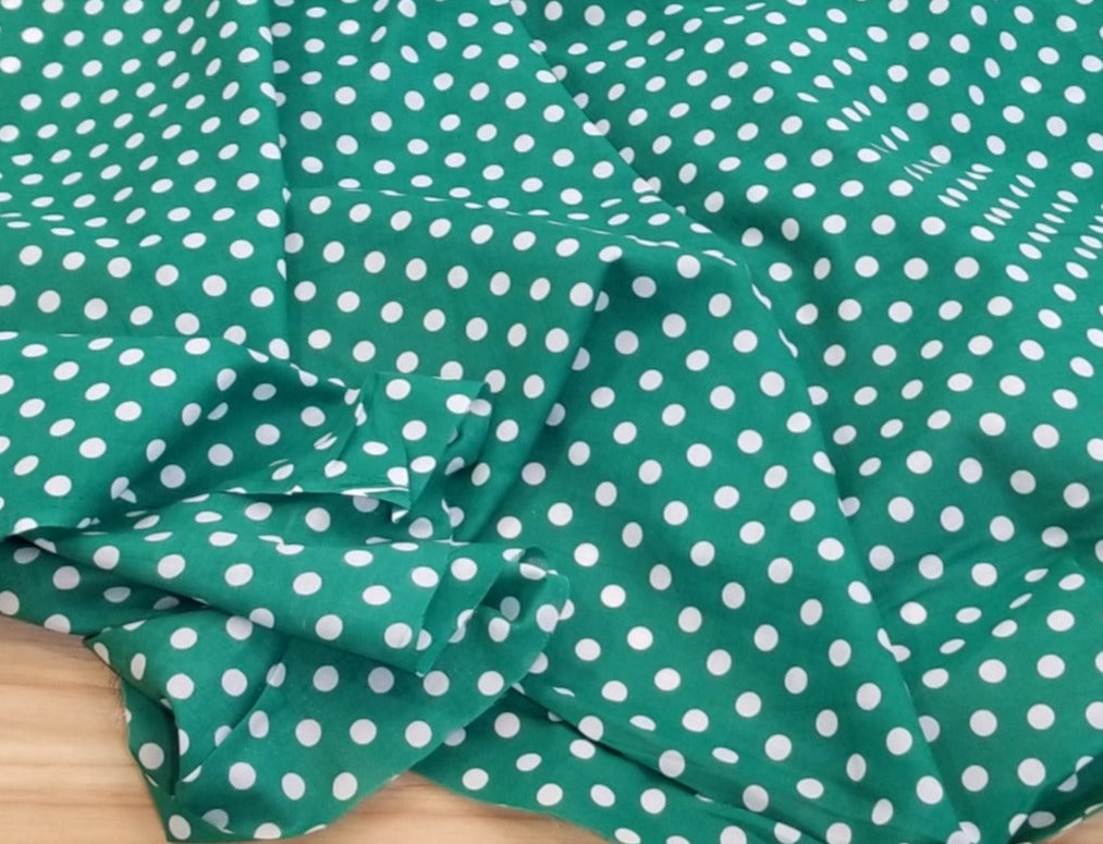 End of BOlt: 4-1/8th yards of Designer Deadstock Kelly Green Polka Dot Cotton Voile Woven- Remnant