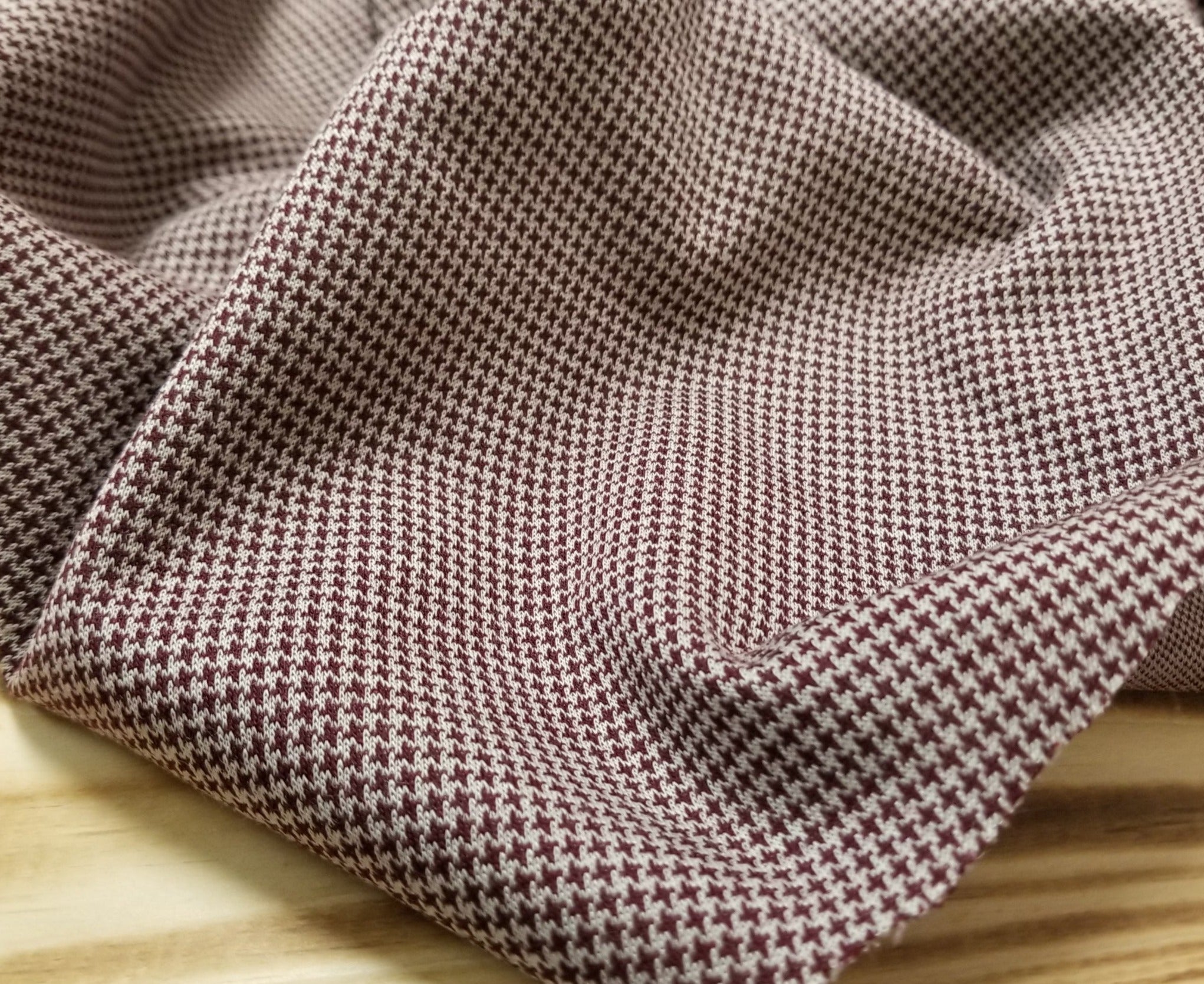 Designer Deadstock Burgundy and Cream Wool Blend Medium Weight Small  Houndstooth Knit ( Ponte Hand) 8.5 oz- Sold by the yard