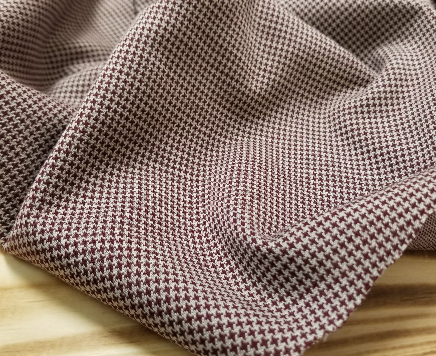 Designer Deadstock Burgundy and Cream Wool Blend Medium Weight Small Houndstooth Knit ( Ponte Hand) 8.5 oz- Sold by the yard