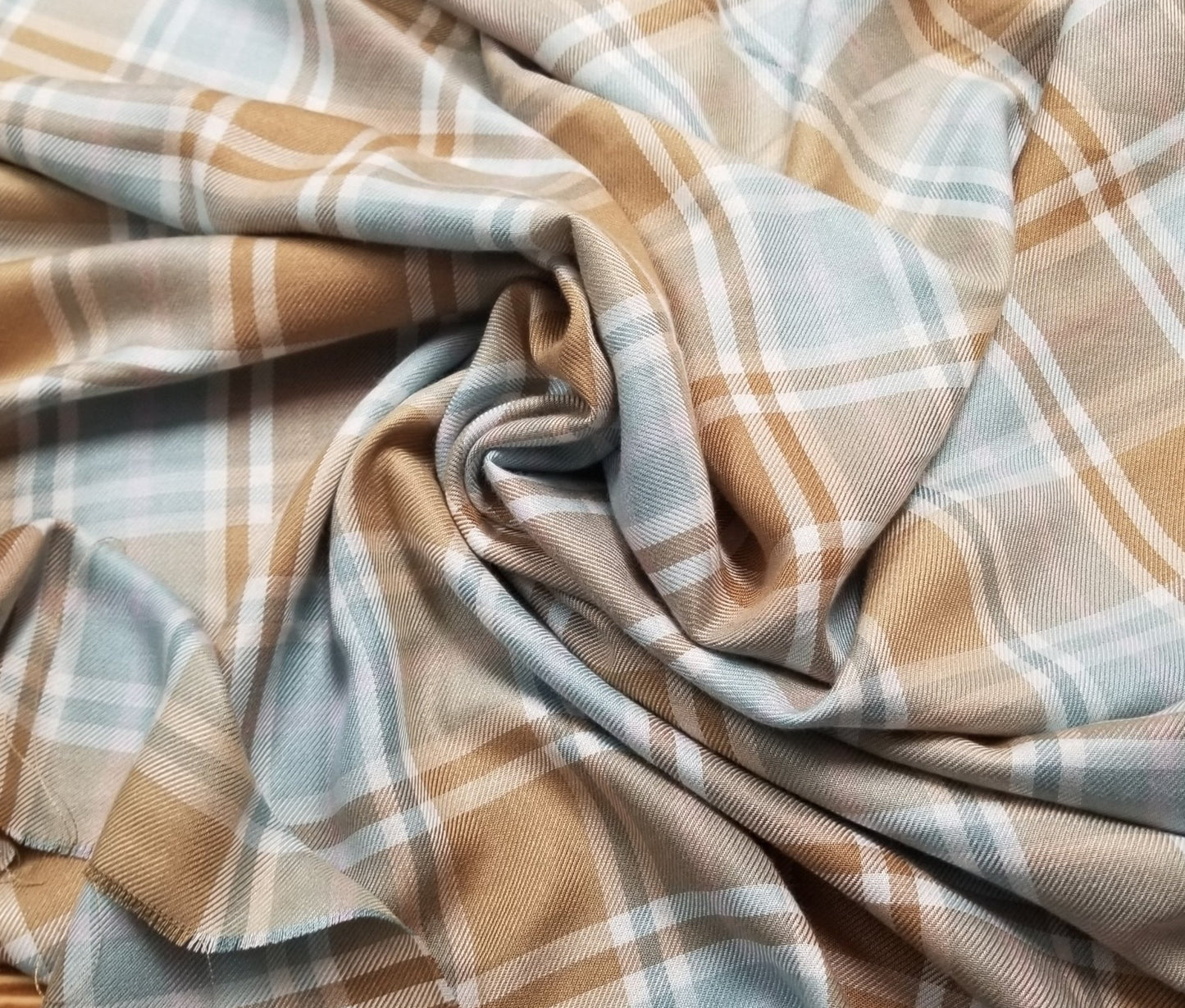 Designer Deadstock Glendora Baby Blue and Khaki Slight Sheen Plaid Rayon Twill Woven- Sold by the yard