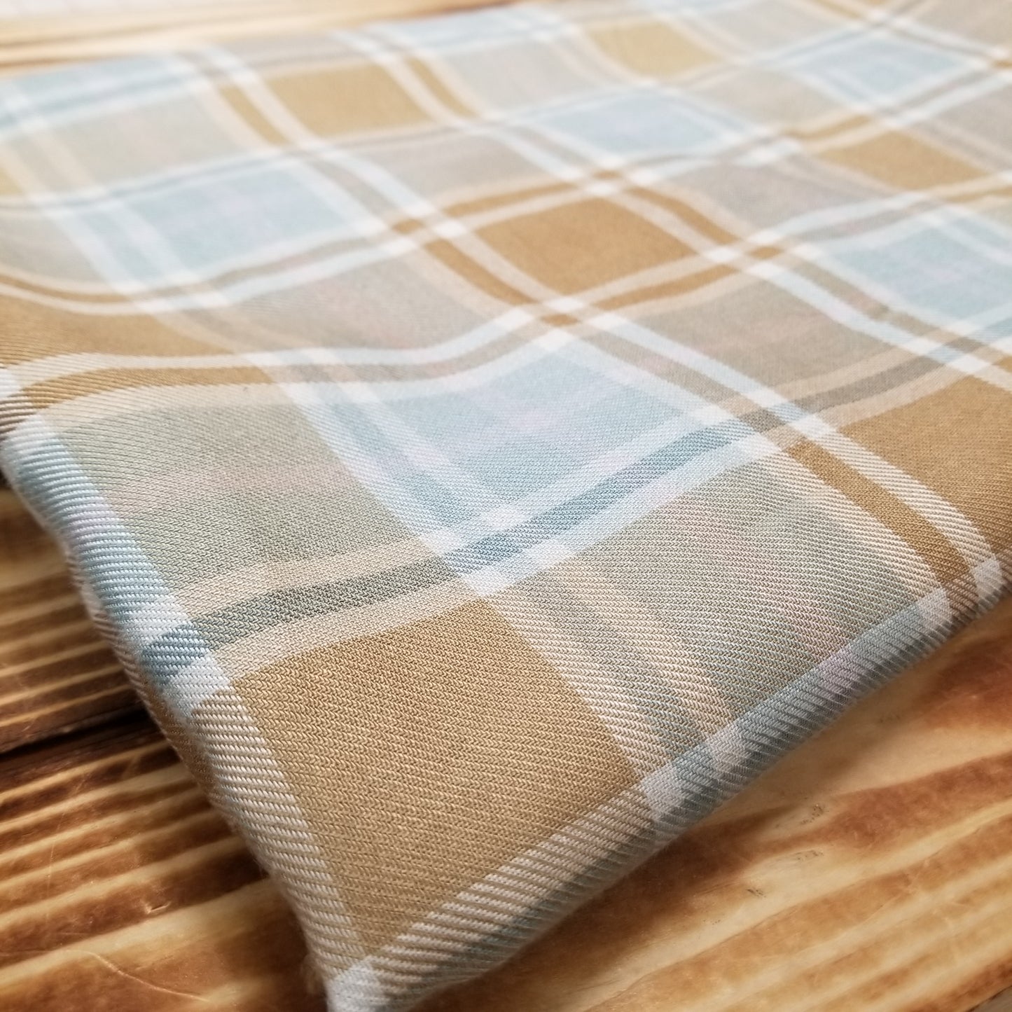 Designer Deadstock Glendora Baby Blue and Khaki Slight Sheen Plaid Rayon Twill Woven- Sold by the yard