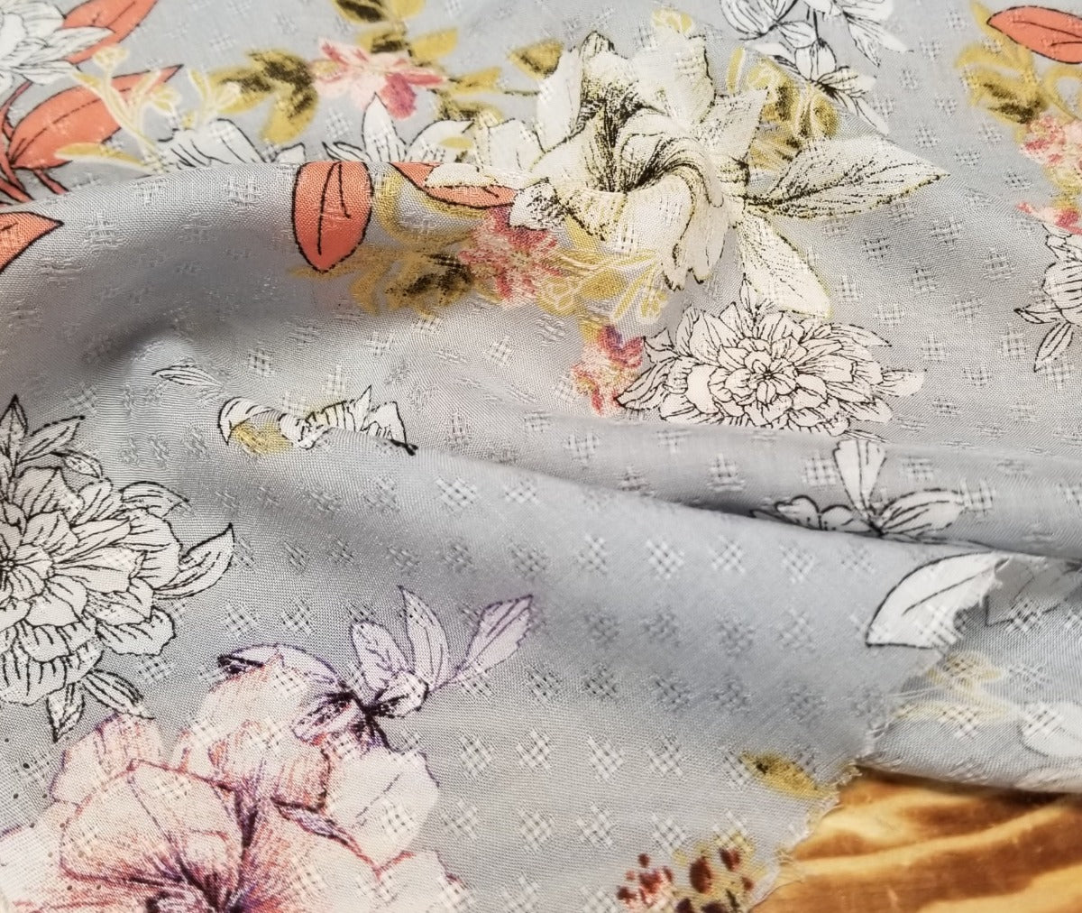 Designer Deadstock Textured Silver in the Blooms Floral Rayon Voile Woven- Sold by the yard