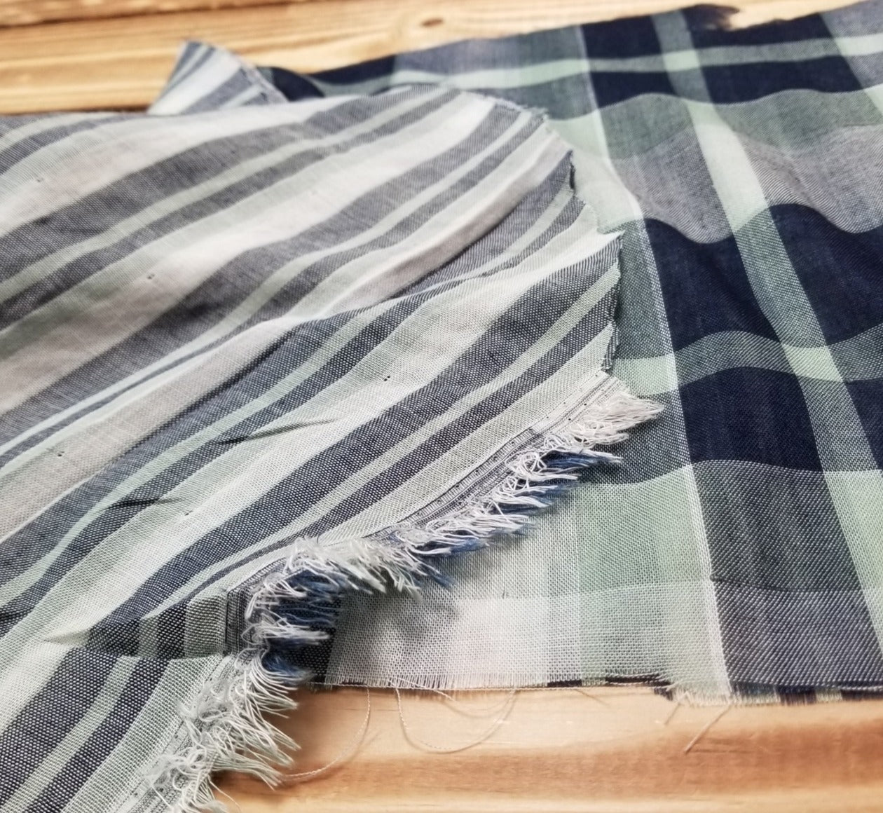 Designer Deadstock Plaid Mint/ Navy  & Stripe Reverse Soft Cotton Double Gauze  Woven- Sold by the yard