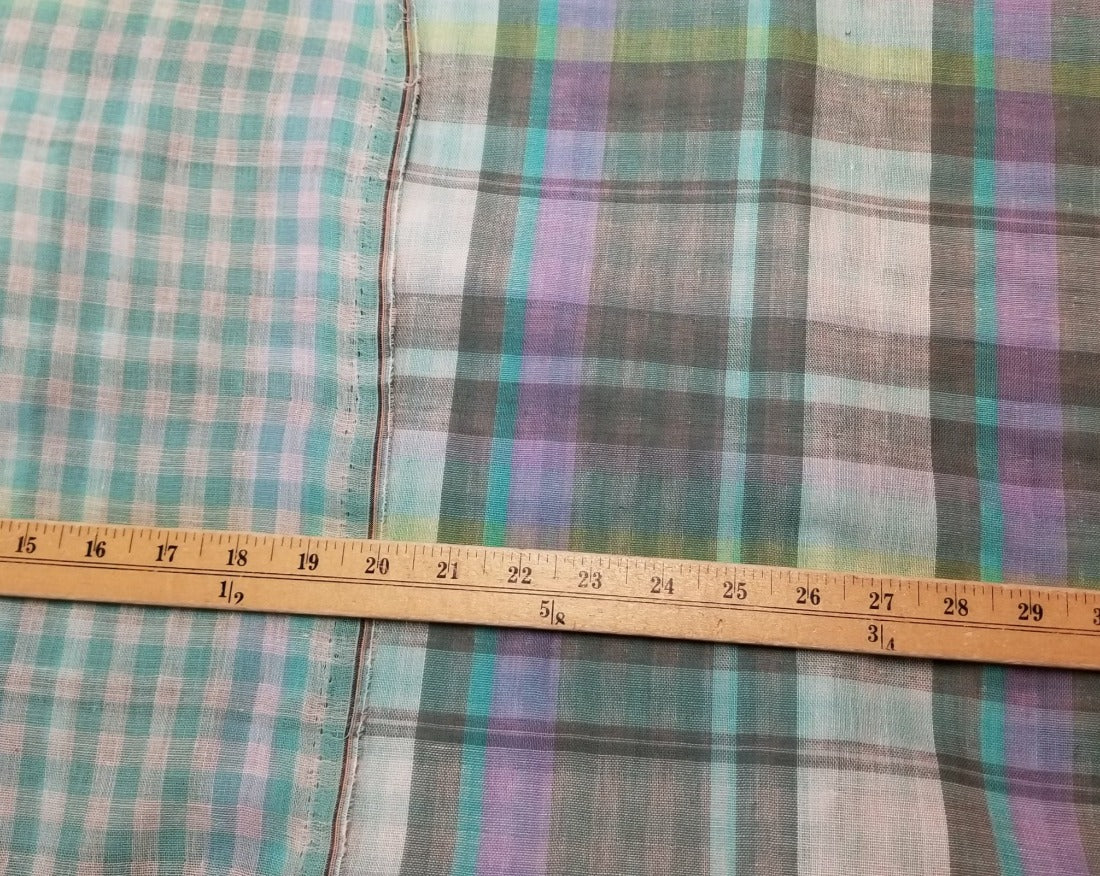 Designer Deadstock Plaid Purple/Gray  & Gingham Blue Reverse Soft Cotton Double Gauze  Woven- Sold by the yard