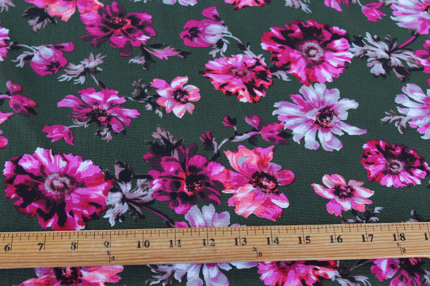 End of Bolt: 1-3/8th yards of Tamsia Floral Army Green Blousewear Crepe -remnant