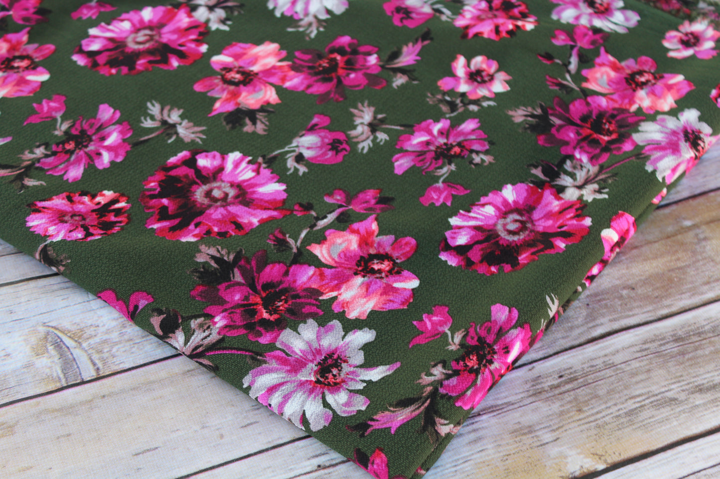 End of Bolt: 1-3/8th yards of Tamsia Floral Army Green Blousewear Crepe -remnant