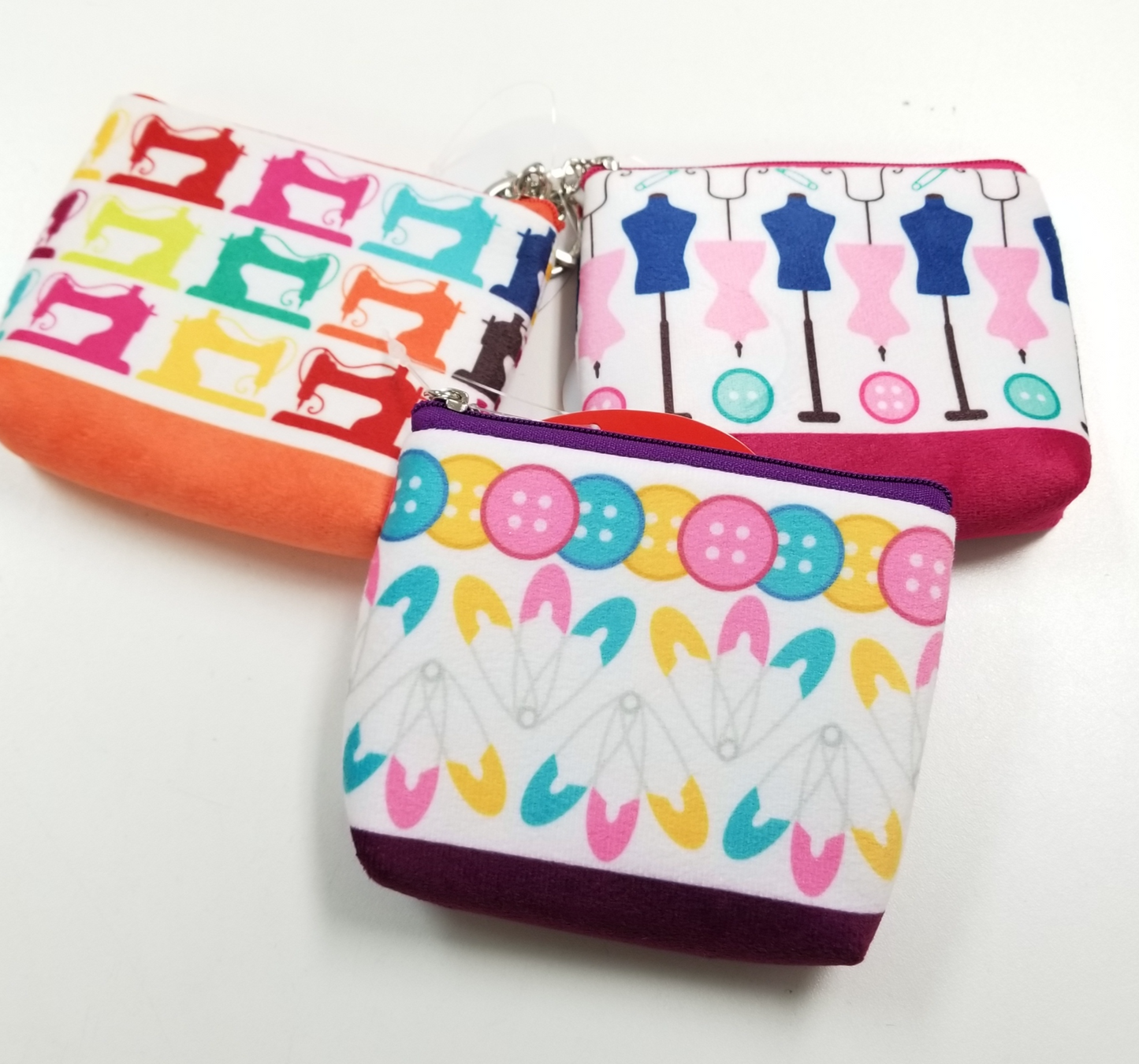 Notion: Sewing-Themed Zipper Pouch- Buttons & Safety Pins with Purple Zipper- 1ct