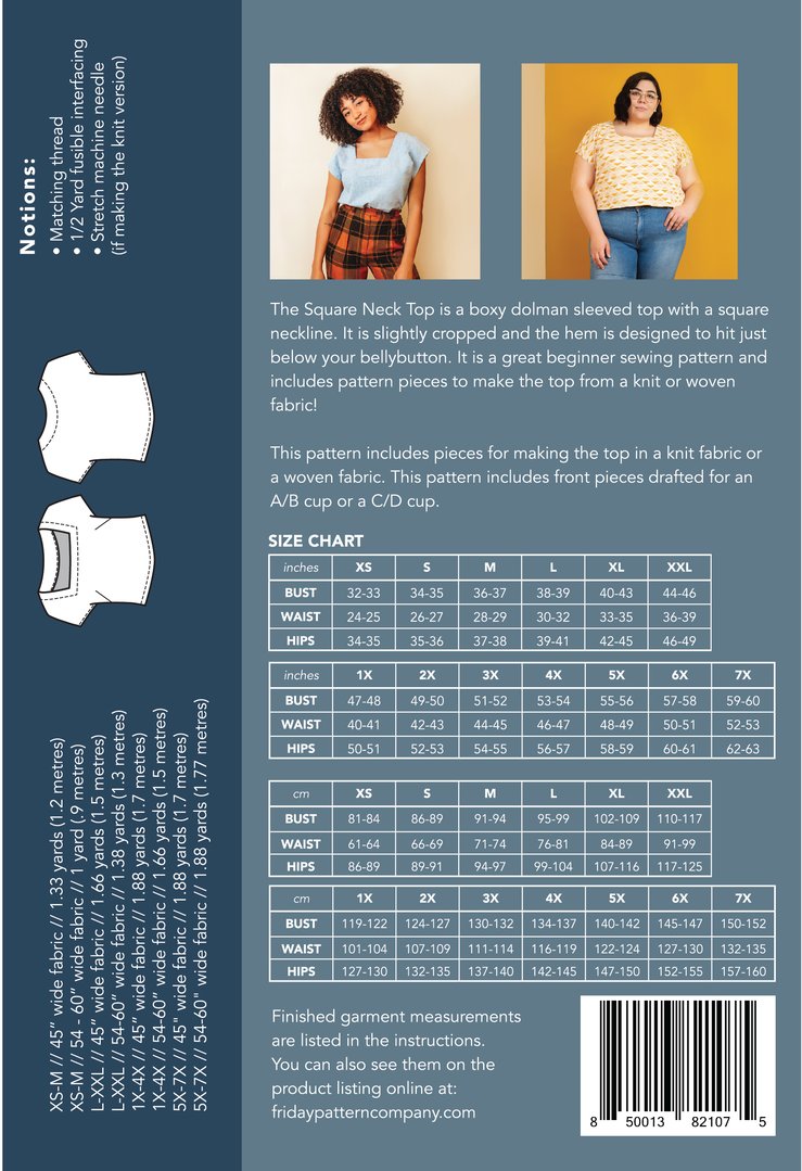 Garment Making Patterns: Square Neck Top by Friday Pattern Co.- Printed Pattern